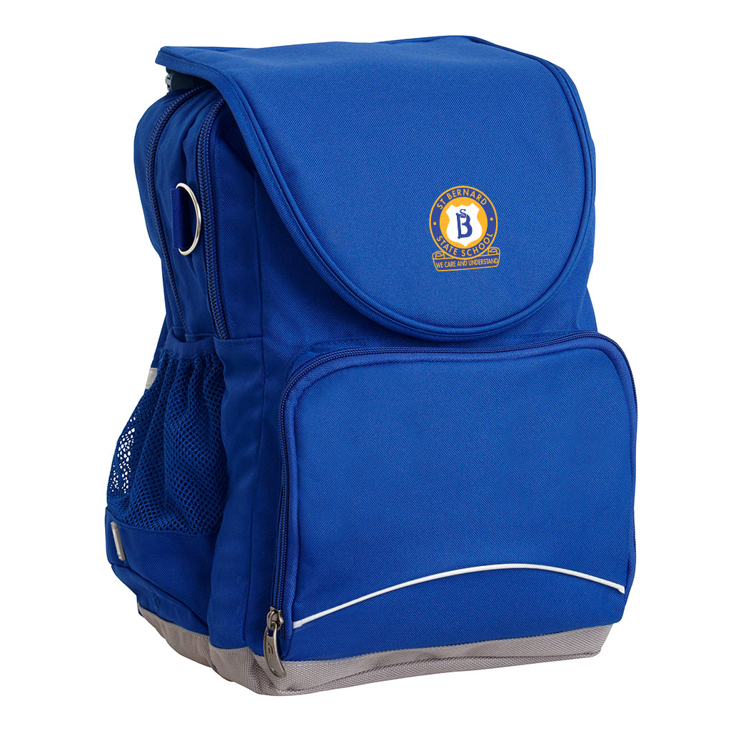 St Bernard State School  Ergo Tuff-Pack backpack Royal. Front side angle, padded shoulder straps, two zipper compartments, front zipper pocket, D-Ring and mesh water bottle.