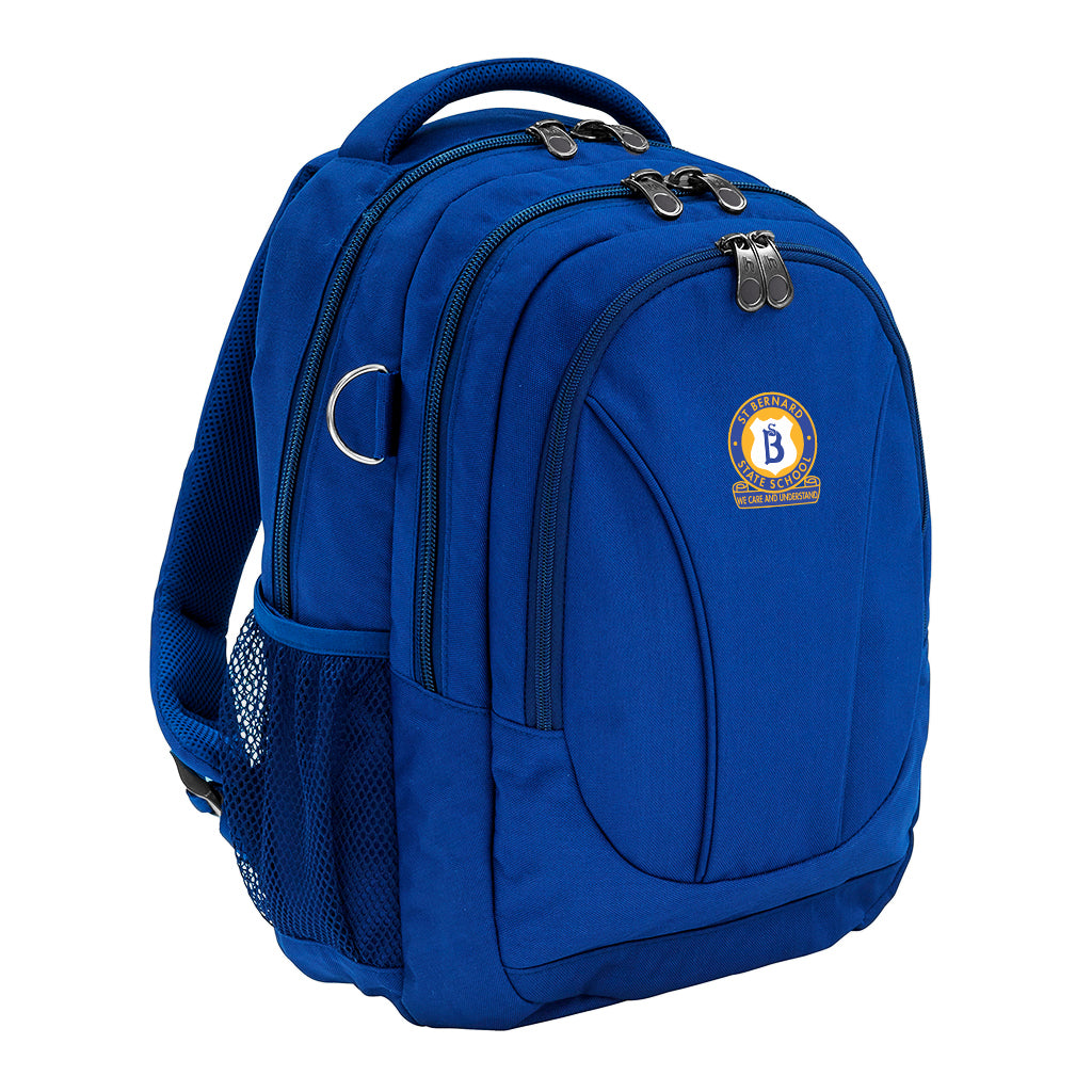  Royal Blue ergonomic backpack with spinal support, three compartments, padded laptop pocket, phone pocket, water bottle holder, and D-ringÑdesigned for comfort and style and St Bernard State School logo