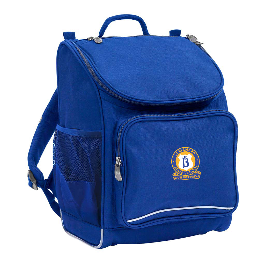Mighty backpack in colour Royal, front side angle displaying carry handle, padded shoulder straps, top zipper compartment, front zipper pocket and mesh water bottle holder with St Bernard State School logo