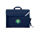 Harlequin Safety Library bag in Navy displaying carry handle, velcro opening, shoulder strap, reflector safety strip, reinforced corners and St Joseph's School Cairns logo