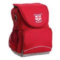 St Laurence's Parish School Forbes  Ergo Tuff-Pack backpack Red. Front side angle, padded shoulder straps, two zipper compartments, front zipper pocket, D-Ring and mesh water bottle.