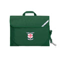 Harlequin Safety Library bag in Bottle Green displaying carry handle, velcro opening, shoulder strap, reflector safety strip, reinforced corners and St Laurence's Parish School Forbes logo