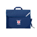 Harlequin Safety Library bag in navy displaying carry handle, velcro opening, shoulder strap, reflector safety strip, reinforced corners and St Laurence's Parish School Forbes logo