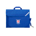 Harlequin Safety Library bag in Royal Blue displaying carry handle, velcro opening, shoulder strap, reflector safety strip, reinforced corners and St Laurence's Parish School Forbes logo