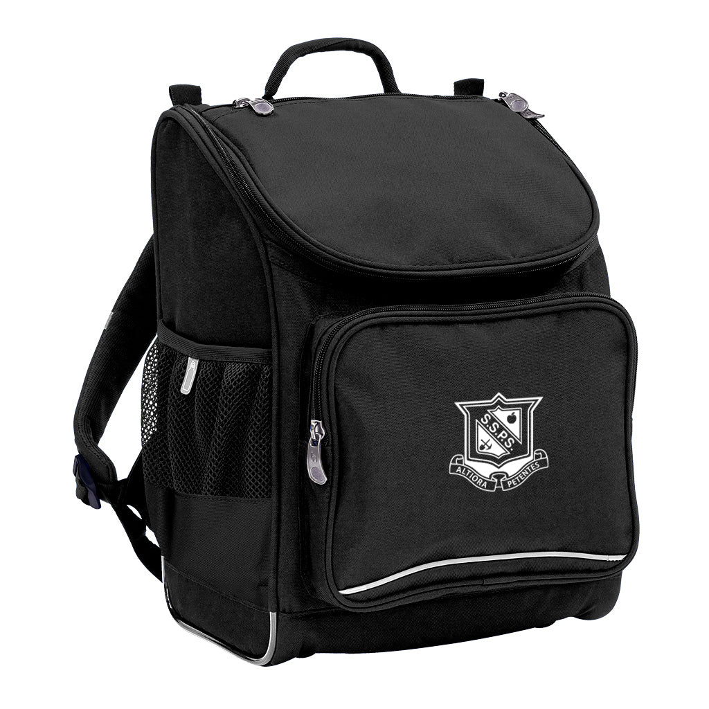 Mighty backpack in colour Black, front side angle displaying carry handle, padded shoulder straps, top zipper compartment, front zipper pocket and mesh water bottle holder with stanthorpe state school