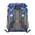 Blue and Purple dot Step By Step Junior Happy Dolphin backpack back angle view displaying handle and shoulder straps with back panel padding 