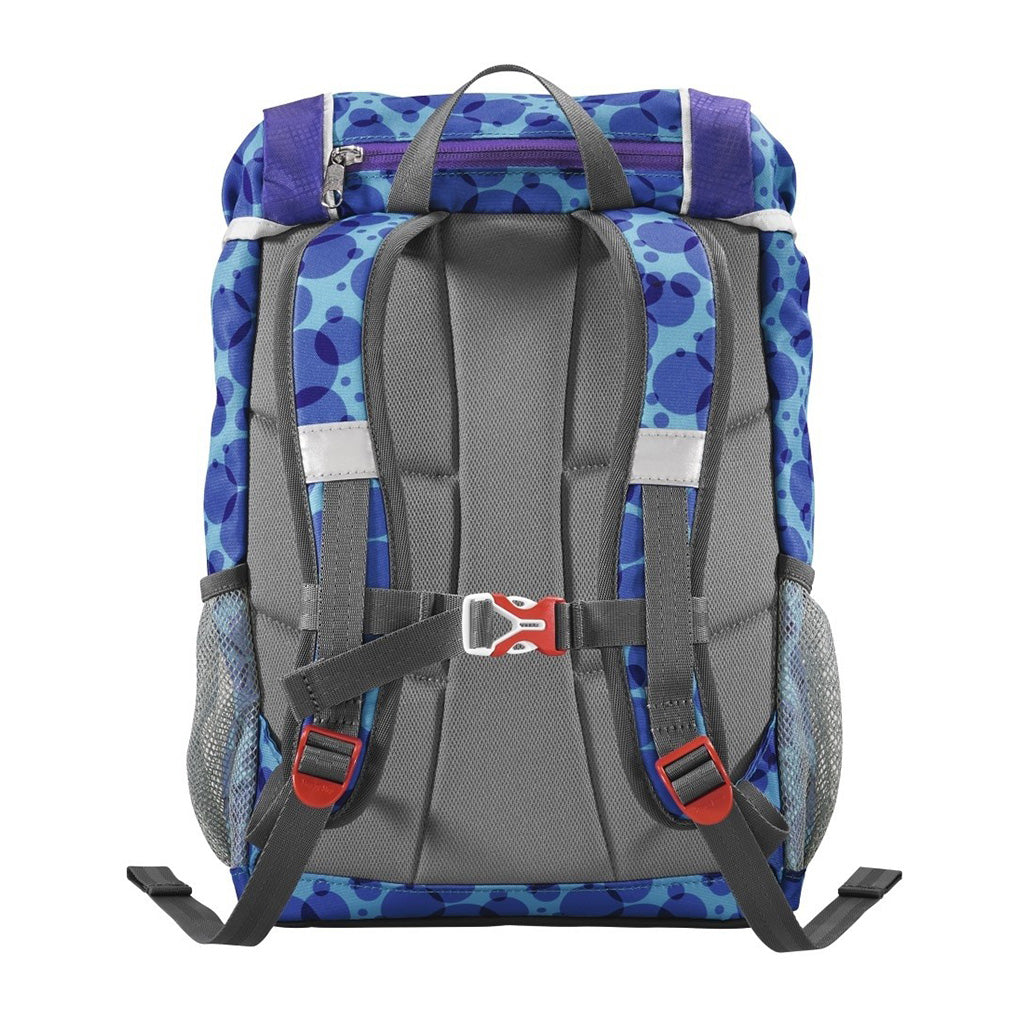 Blue and Purple dot Step By Step Junior Happy Dolphin backpack back angle view displaying handle and shoulder straps with back panel padding 