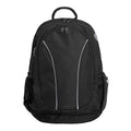 Harlequin Study Tuff-Pack in Black displaying carry handle, two zipper compartments, mesh water bottle holder, phone/music pocket and ear bud hole and reflective pipping on front pocket 