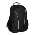 Harlequin Study Tuff-Pack in Black displaying carry handle, two zipper compartments, mesh water bottle holder and reflective pipping on front pocket 