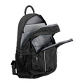 Harlequin Study Tuff-Pack in Black displaying carry handle, two zipper compartments opened, Laptop sleeve, inside pockets and mesh water bottle holder 