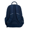 Harlequin Study Tuff-Pack in Navy displaying carry handle, padded back panel, mesh water bottle holder, fabric water bottle holder, padded shoulder straps with reflective piping 