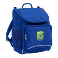 Mighty backpack in colour Royal, front side angle displaying carry handle, padded shoulder straps, top zipper compartment, front zipper pocket and mesh water bottle holder with Tara Shire State College logo