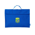 Harlequin Premier Library Bag in royal displaying carry handle and velcro pocket opening with Tara Shire State School logo
