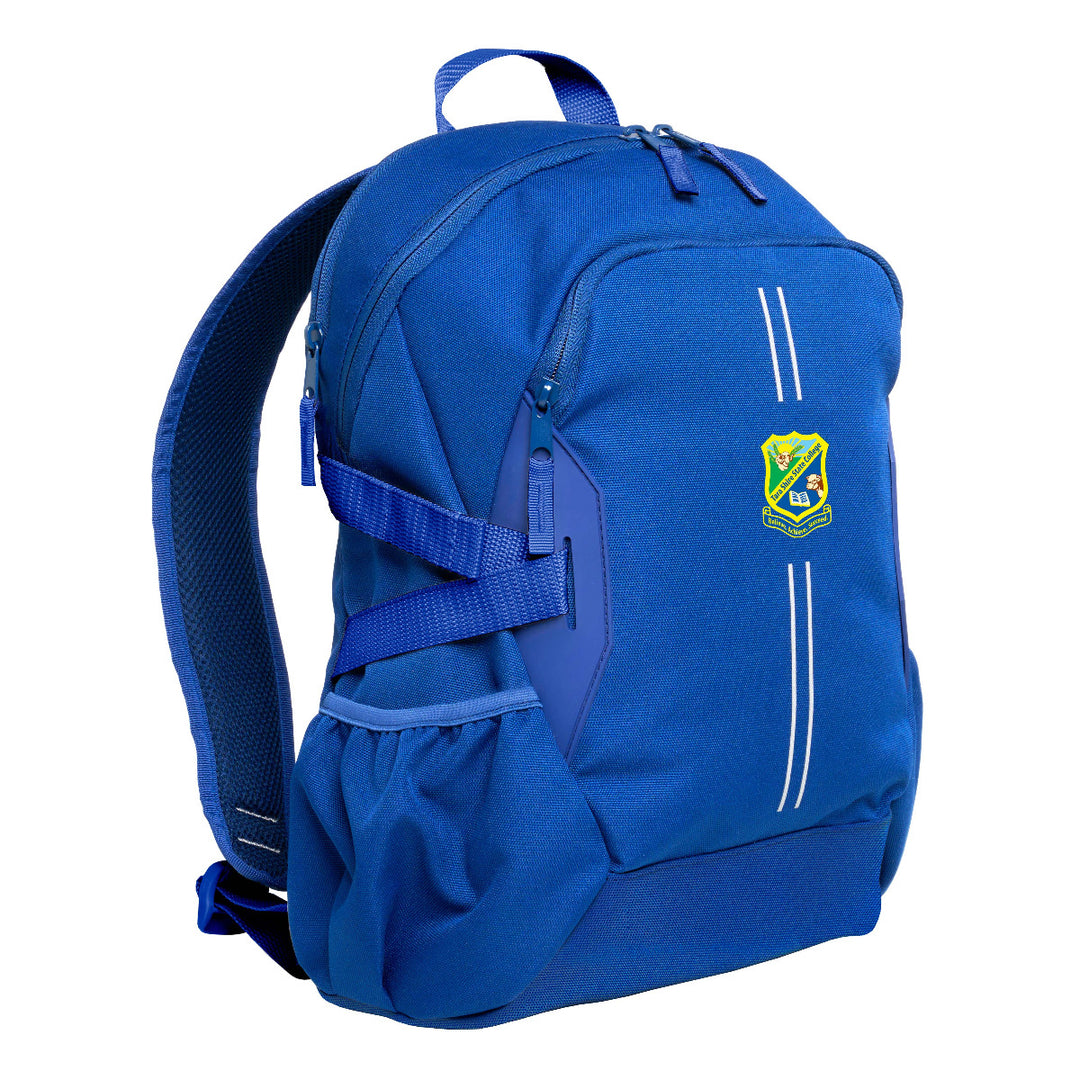 Royal Harlequin Quantum Bag front view with two compartments with zip closure, light reflectors on the front pocket and adjustable straps and bottle holder on the sides of the bag and Tara Shire State College logo