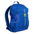 Royal Harlequin Quantum Bag front view with two compartments with zip closure, light reflectors on the front pocket and adjustable straps and bottle holder on the sides of the bag and Tara Shire State College logo