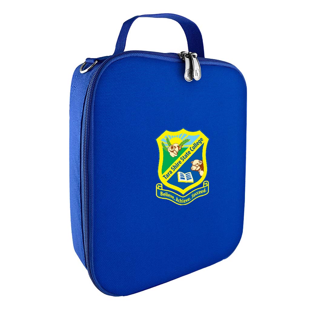 Harlequin lunch bag in royal blue colour front side angle displaying carry handle, durable water repellent material with Tara Shire State College logo