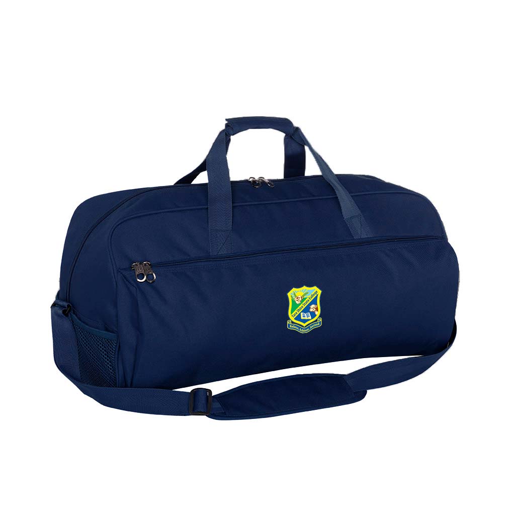 Harlequin sport Bag in Navy Blue front angle displaying carry handles, top zip compartment, front lower zip compartment and shoulder strap 
