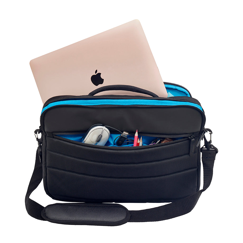 Harlequin TECH messenger bag displaying carry handle, two zip compartments with blue lining and shoulder strap   