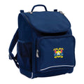 Mighty backpack in colour Navy, front side angle displaying carry handle, padded shoulder straps, top zipper compartment, front zipper pocket and mesh water bottle holder with Toowoomba Christian College logo
