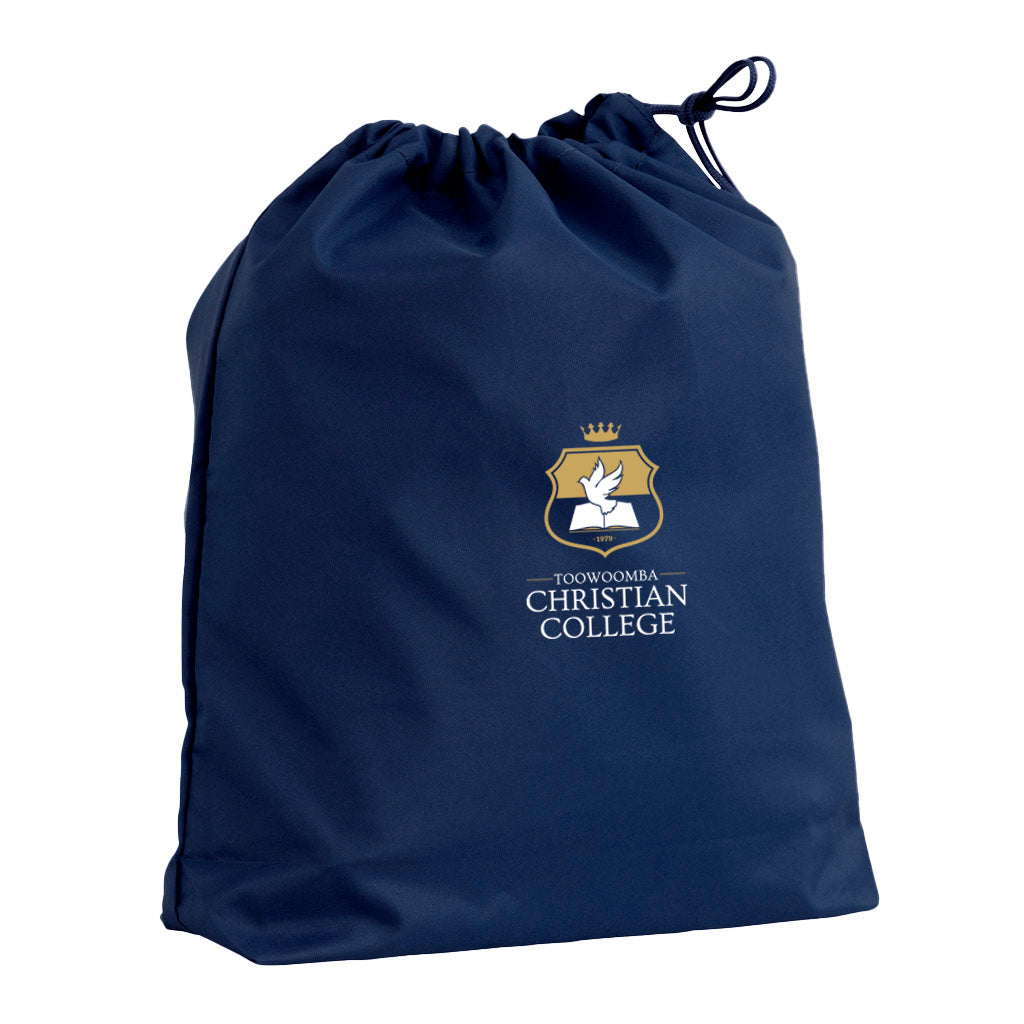 Harlequin navy eco gym bag front angle view displaying drawstring toggle 