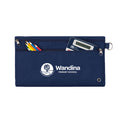 Harlequin navy pencil case front angle displaying two zip compartments and D-ring with Wandina Primary School logo