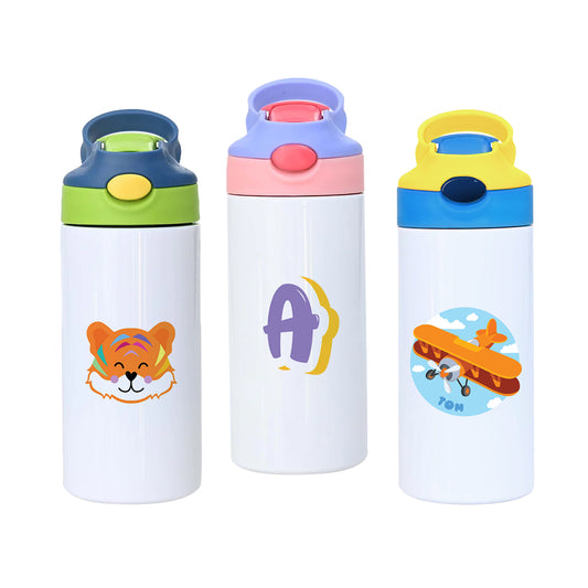 4 Stylish 350ml Stainless Steel Sports/Water Bottles with flip top straws. All bottles with personalised designs.