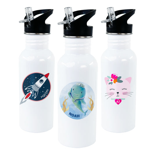 3 Stylish 600ml Stainless Steel Sports/Water Bottles white with black flip top straws. All bottles with personalised designs.