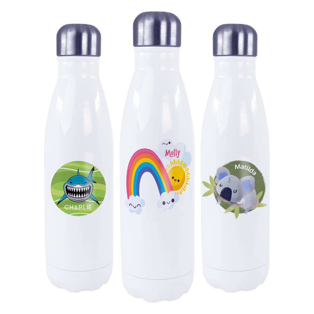 3 Elite Thermo Drink Bottles, holds 500ml White with silver screw top lid all 3 bottles have personalised designs