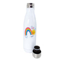White 500ml stainless steel drink bottle with silver screw cap lid with a rainbow design personalisation