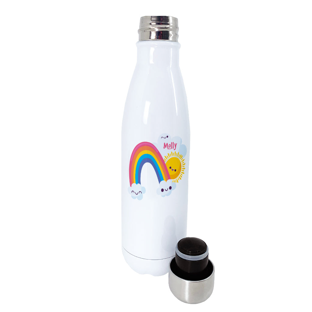 White 500ml stainless steel drink bottle with silver screw cap lid with a rainbow design personalisation