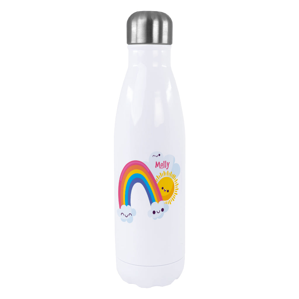 White 500ml stainless steel drink bottle with silver screw cap lid with a rainbow design personalisation