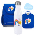White 500ml stainless steel drink bottle with silver screw cap lid with a rainbow design personalisation with matching backpack and lunch bag