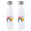 White 500ml stainless steel drink bottle with silver screw cap lid with a rainbow design personalisation, view of front and back