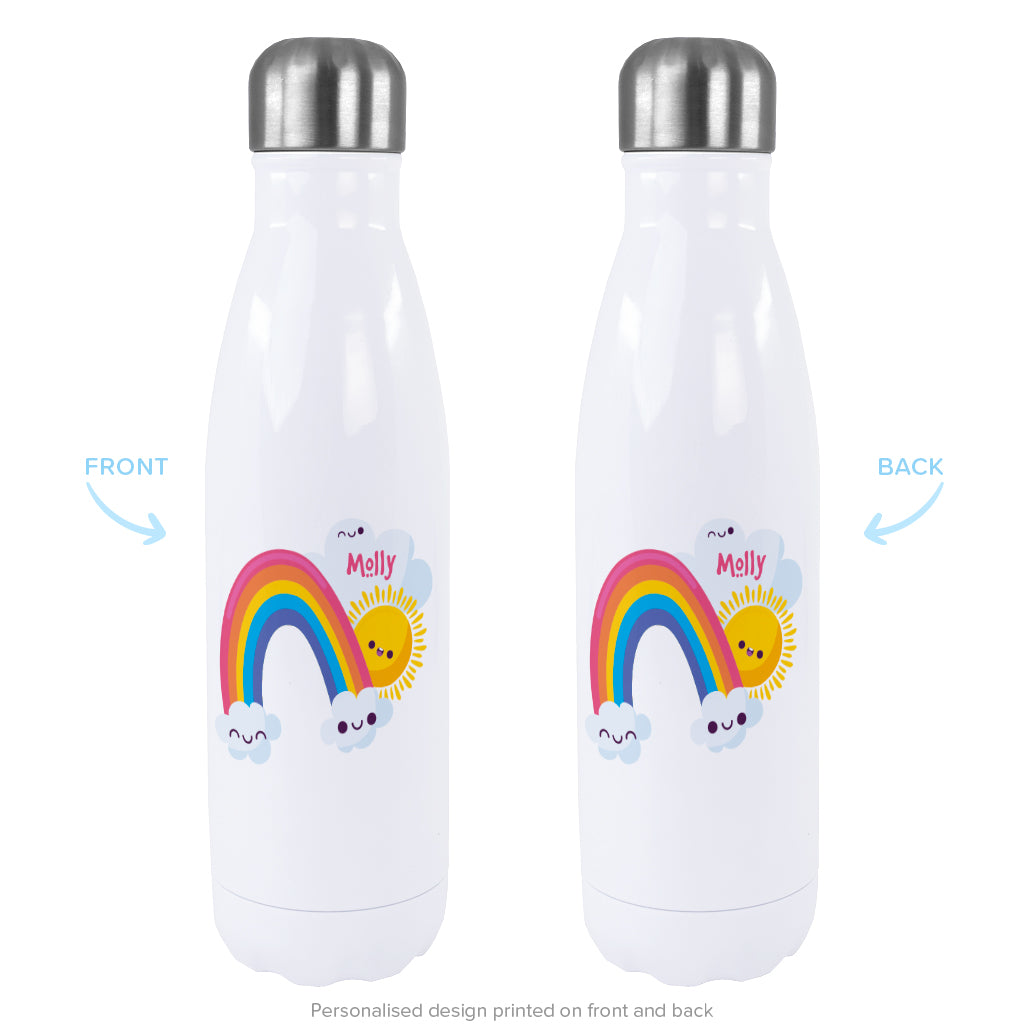 White 500ml stainless steel drink bottle with silver screw cap lid with a rainbow design personalisation, view of front and back