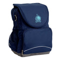 West End State School Ergo Tuff-Pack backpack Navy. Front side angle, padded shoulder straps, two zipper compartments, front zipper pocket, D-Ring and mesh water bottle.