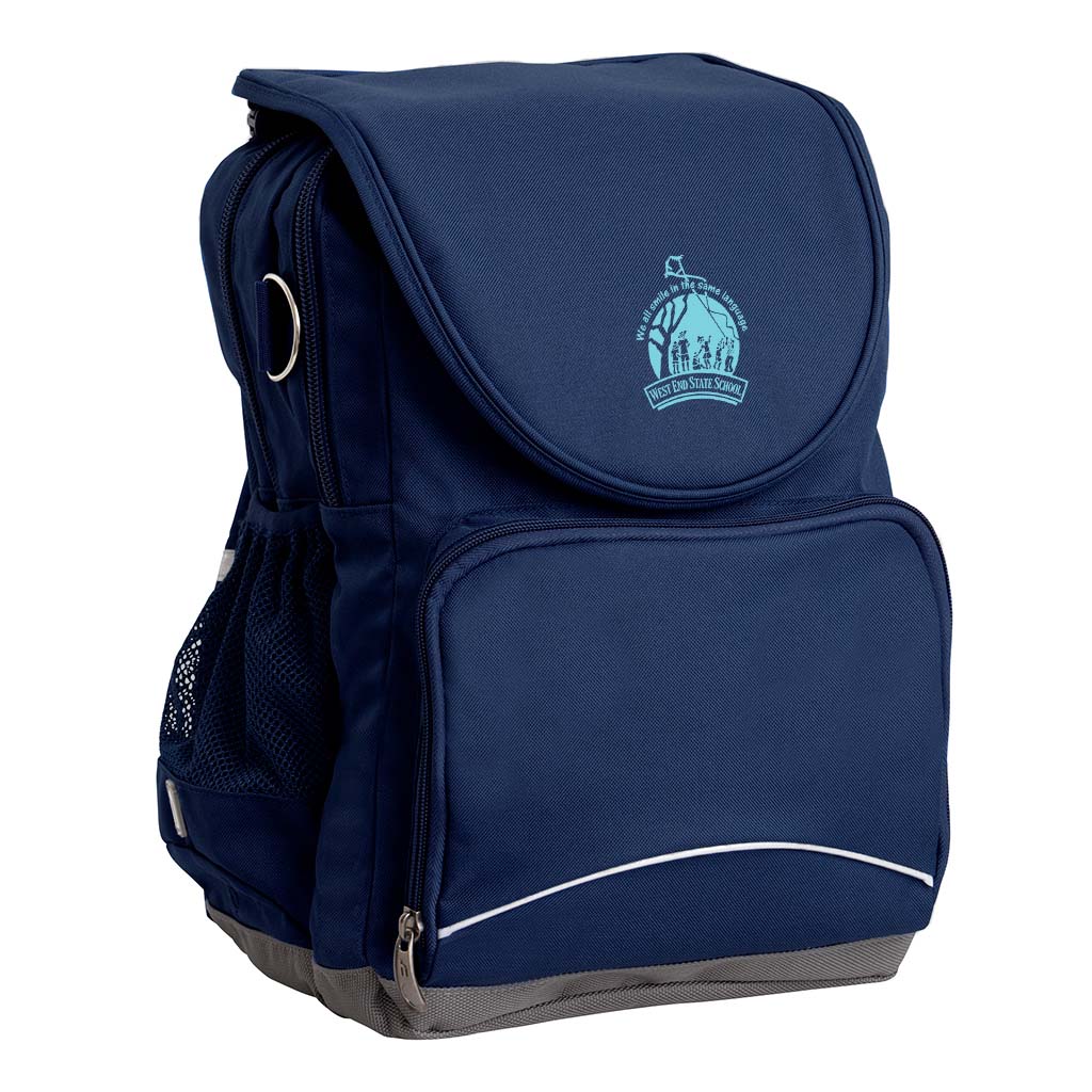 West End State School Ergo Tuff-Pack backpack Navy. Front side angle, padded shoulder straps, two zipper compartments, front zipper pocket, D-Ring and mesh water bottle.