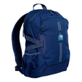 Navy Harlequin Quantum Bag front view with two compartments with zip closure, light reflectors on the front pocket and adjustable straps and bottle holder on the sides of the bag and West End State School logo