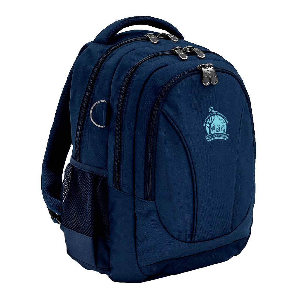  Navy ergonomic backpack with spinal support, three compartments, padded laptop pocket, phone pocket, water bottle holder, and D-ringÑdesigned for comfort and style and West End State School logo