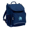 Mighty backpack in colour Navy, front side angle displaying carry handle, padded shoulder straps, top zipper compartment, front zipper pocket and mesh water bottle holder with West End State School logo