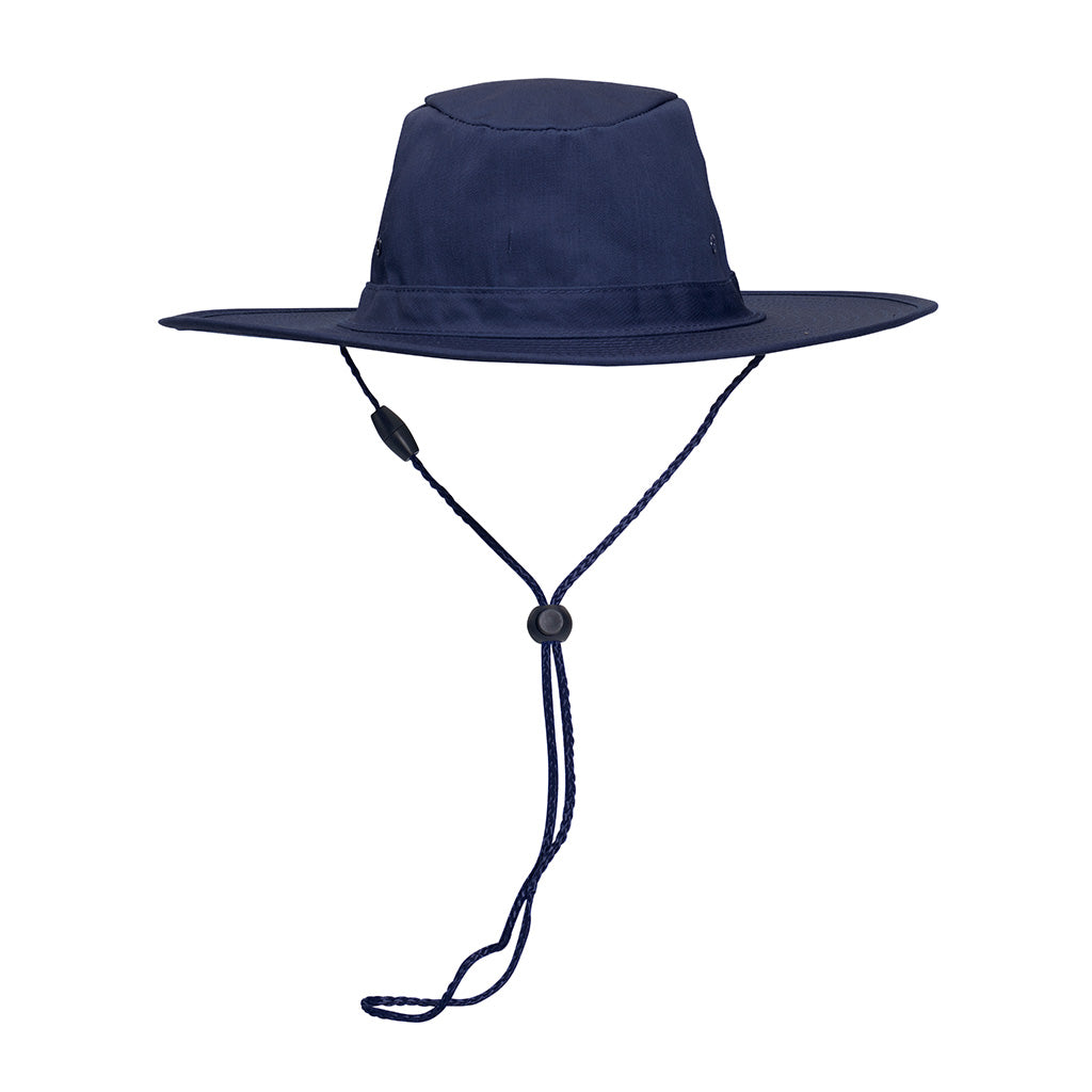 Harlequin Wide Brimmed Hat in Black displaying wide brim, padded cotton sweatband and cord with slide toggle