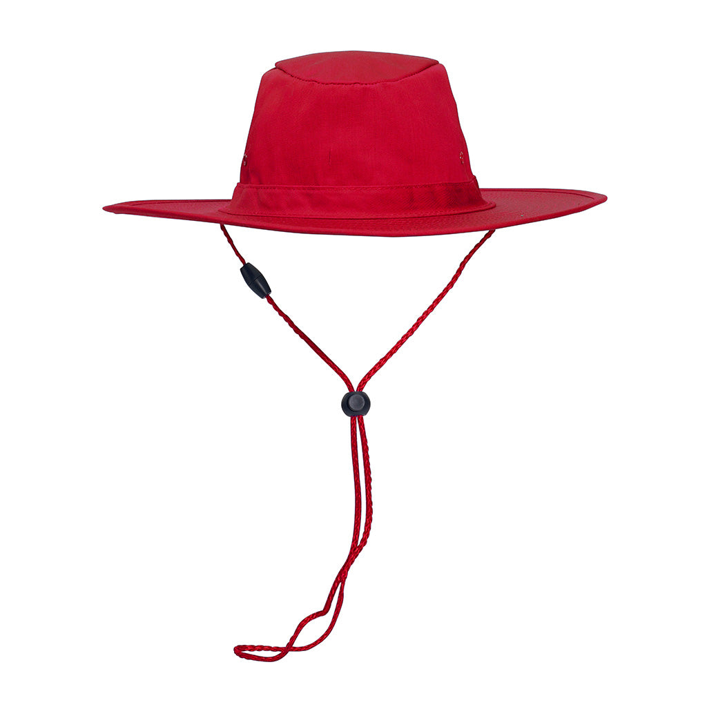 Harlequin Wide Brimmed Hat in Red displaying wide brim, padded cotton sweatband and cord with slide toggle
