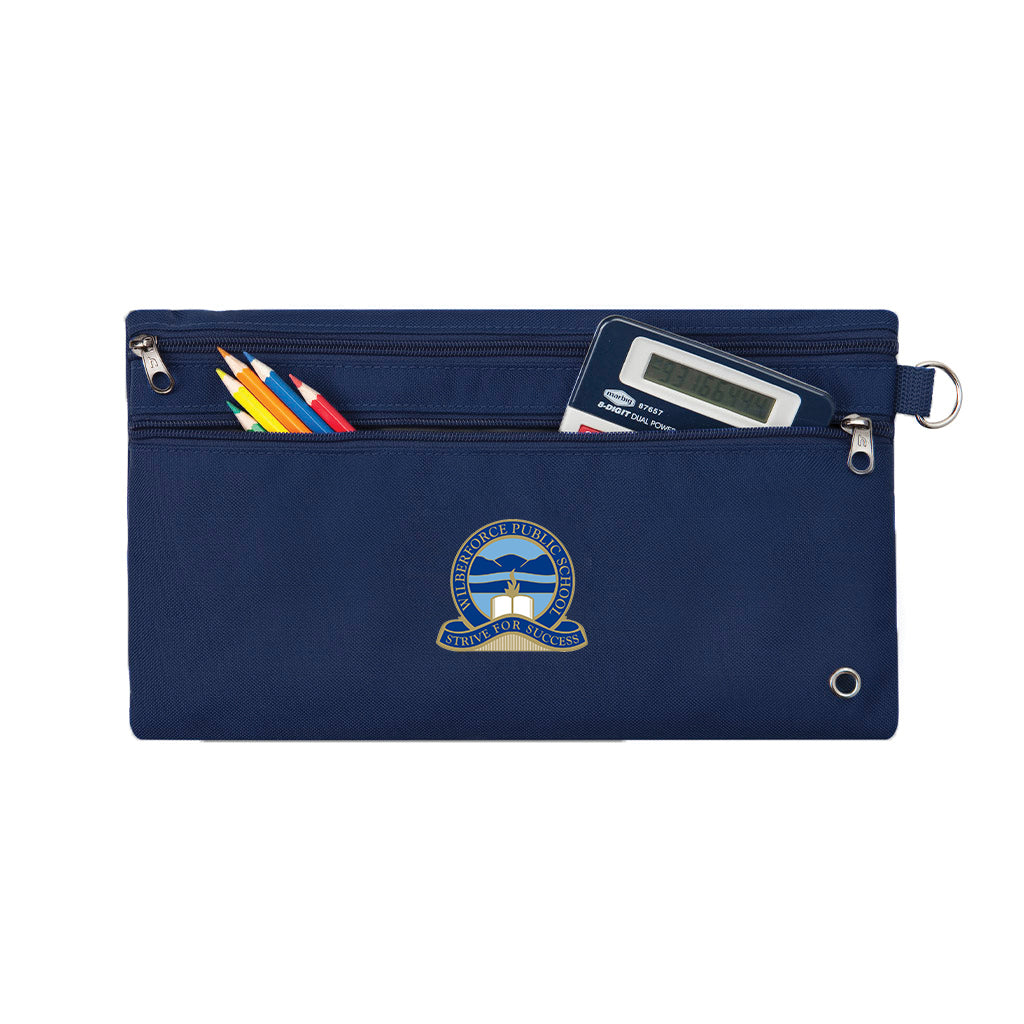 Harlequin royal pencil case front angle displaying two zip compartments and D-ring with Chelona Sate School logo in white