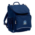 Mighty backpack in colour Navy, front side angle displaying carry handle, padded shoulder straps, top zipper compartment, front zipper pocket and mesh water bottle holder with Wilberforce Public School logo