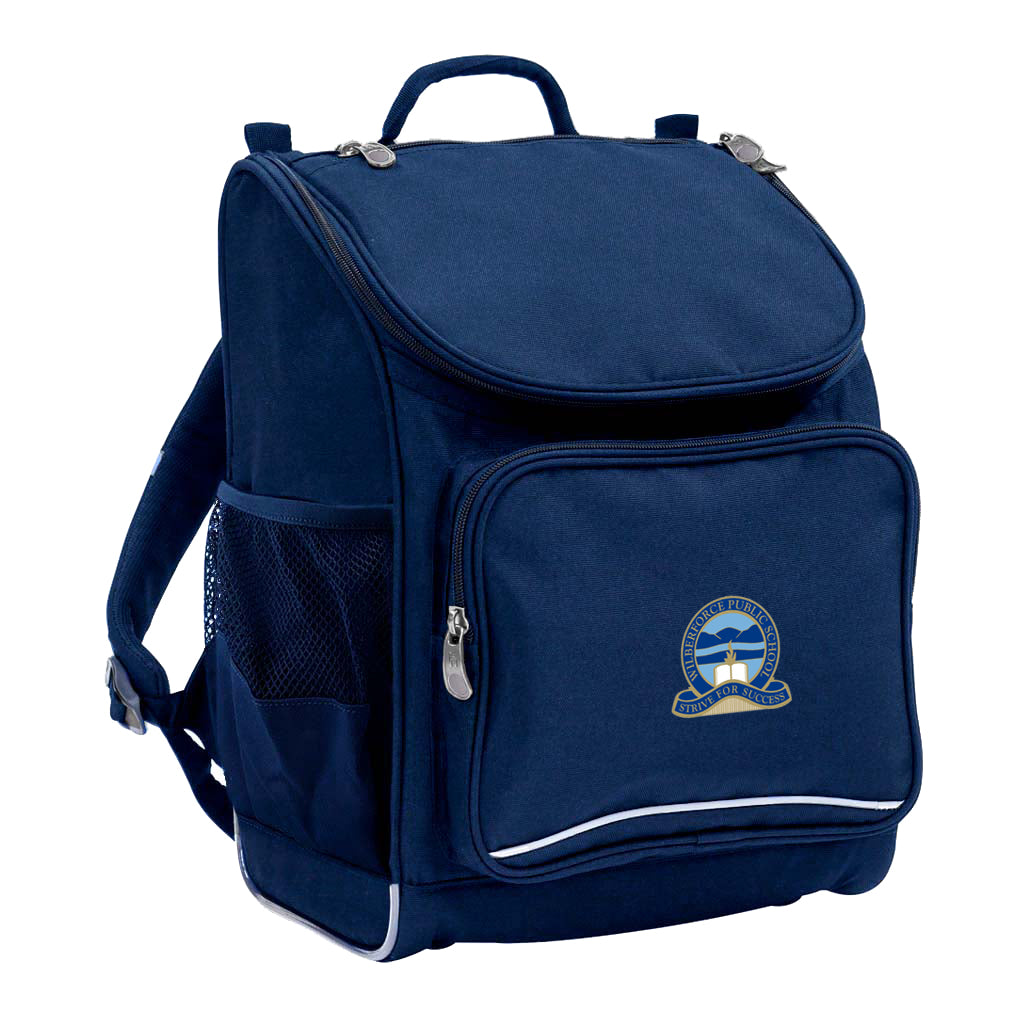 Mighty backpack in colour Navy, front side angle displaying carry handle, padded shoulder straps, top zipper compartment, front zipper pocket and mesh water bottle holder with Wilberforce Public School logo
