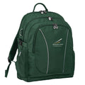 Woodcrest State College front angle view of the Genius Backpack in colour Bottle Green, featuring anatomical zippers, buckles, three pockets, reflective piping, retractable side support straps, water bottle pocket, and D-ring keychain holder