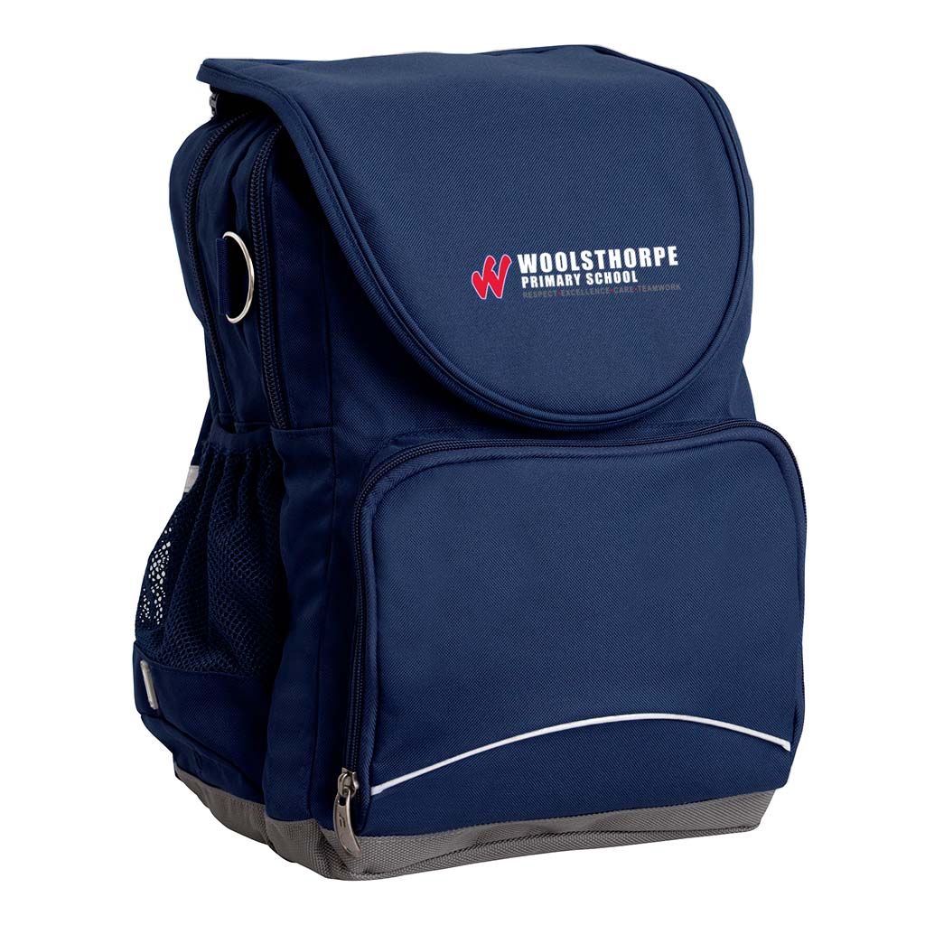 Woolsthorpe Primary School Ergo Tuff-Pack backpack Navy. Front side angle, padded shoulder straps, two zipper compartments, front zipper pocket, D-Ring and mesh water bottle.