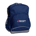 Woolsthorpe Primary School front angle view of the Kindy Backpack in colour  Navy featuring a small front pocket, spacious main compartment with D-ring keychain, detachable shoulder strap, mesh water bottle pocket, and reflective piping for visibility