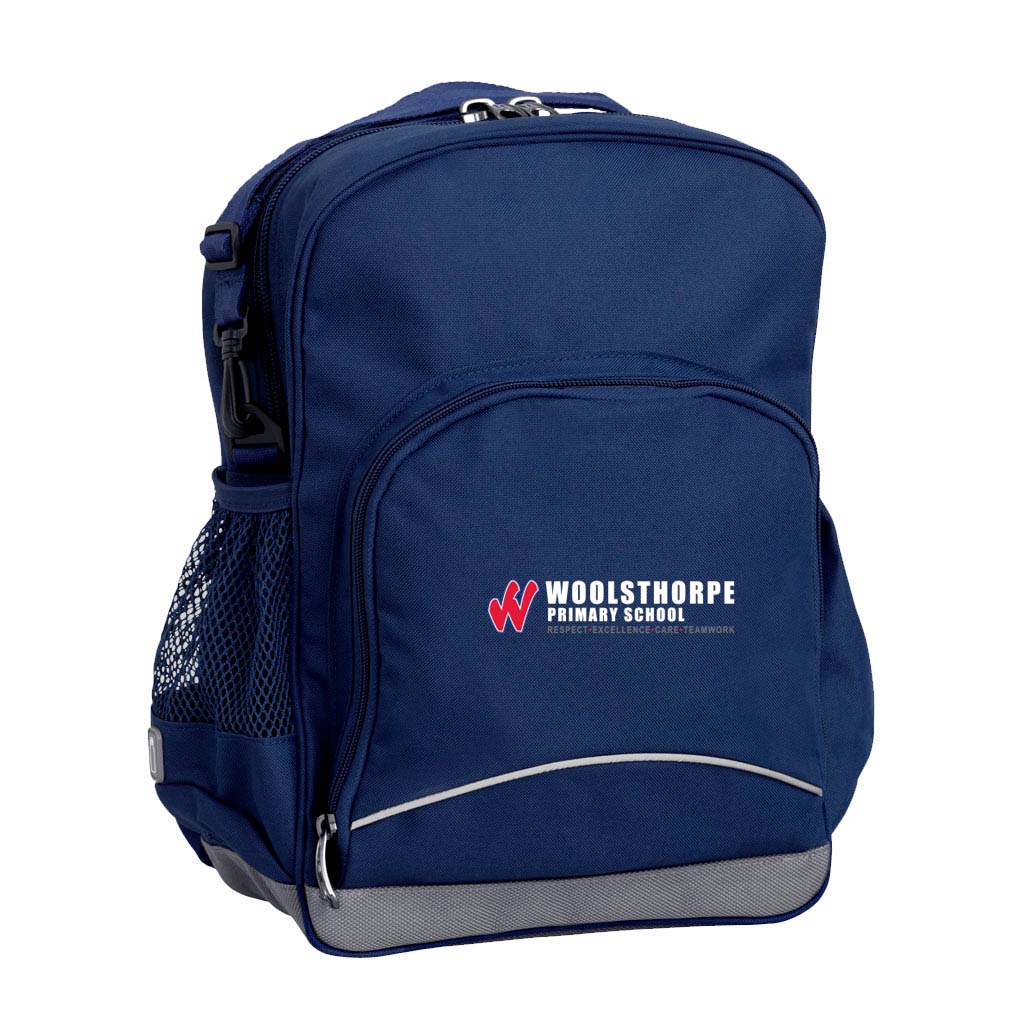 Woolsthorpe Primary School front angle view of the Kindy Backpack in colour  Navy featuring a small front pocket, spacious main compartment with D-ring keychain, detachable shoulder strap, mesh water bottle pocket, and reflective piping for visibility
