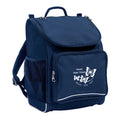Mighty backpack in colour Navy, front side angle displaying carry handle, padded shoulder straps, top zipper compartment, front zipper pocket and mesh water bottle holder with Woree State Primary School logo