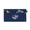 Harlequin navy pencil case front angle displaying two zip compartments and D-ring with Woree State Primary School logo